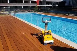 Commercial pool cleaning equipment on wooden deck at Crown Street Wollongong.